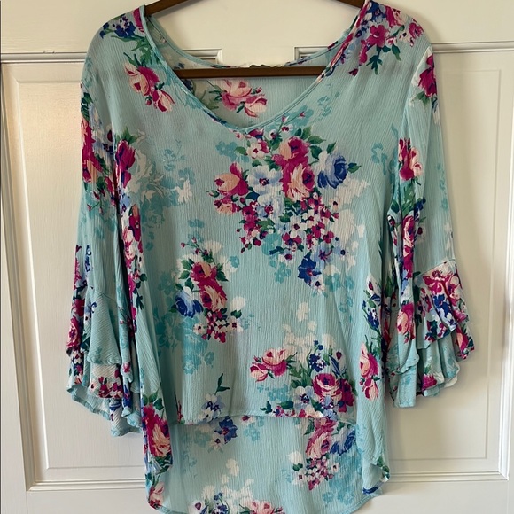 Newbury Kustom Tops - Newbury Kustom Blue and Pink Blouse with Floral Print and Flared Sleeves